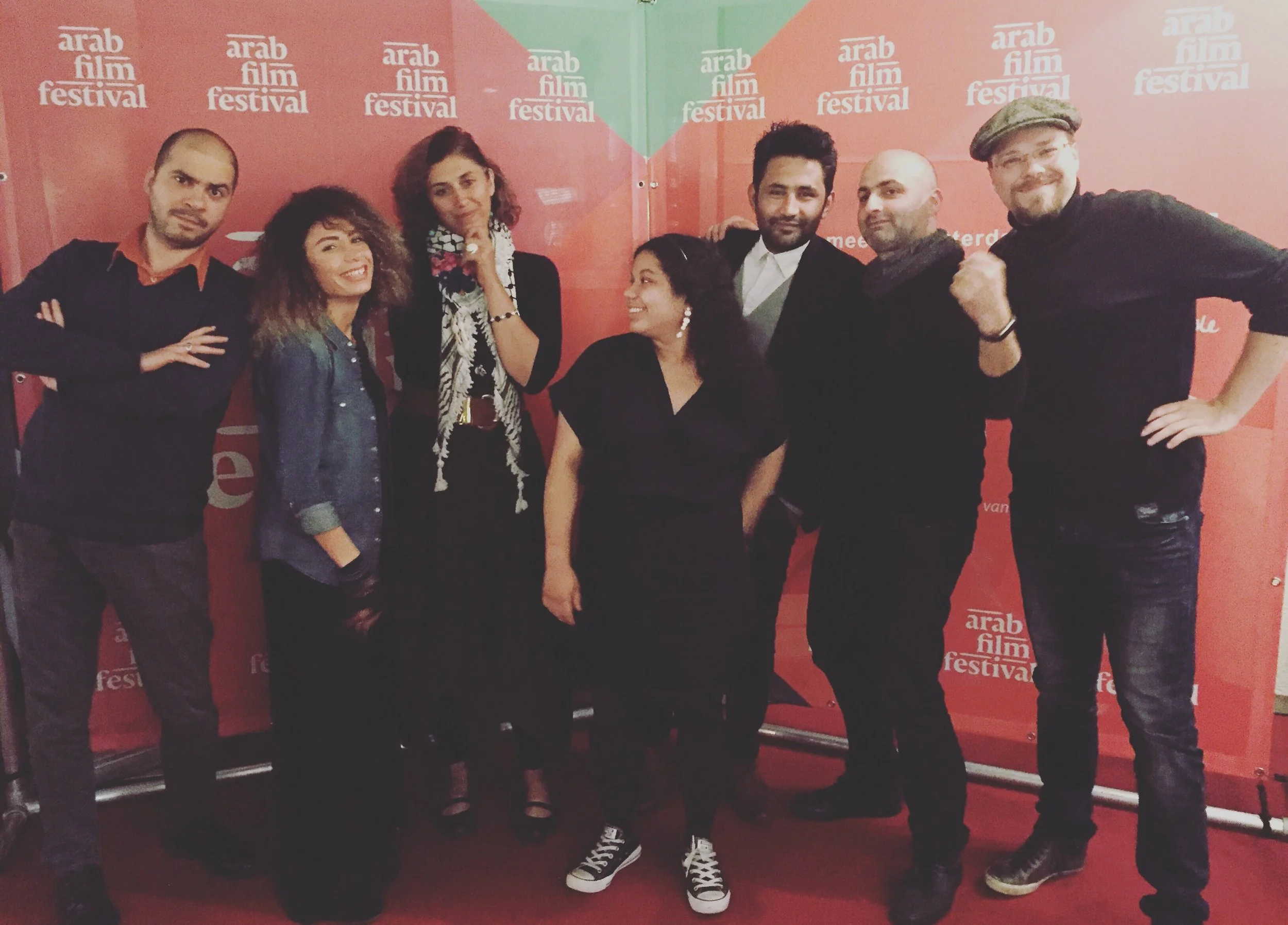 SELECTED FILMMAKERS: (left to right) waref abu quba, darine hotait (lab mentor), deema dabis, abigail prade, ahmed el daradji, fadi syriani & kristijan krajncan