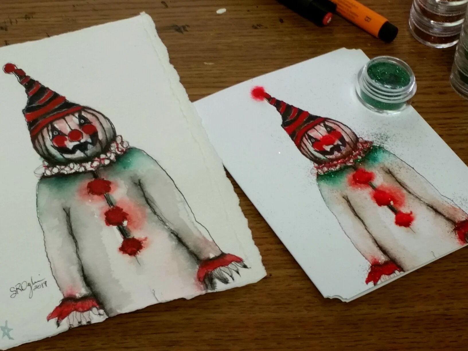 The original watercolor is on the left. I use that image printed on the note card, and then dress it up.