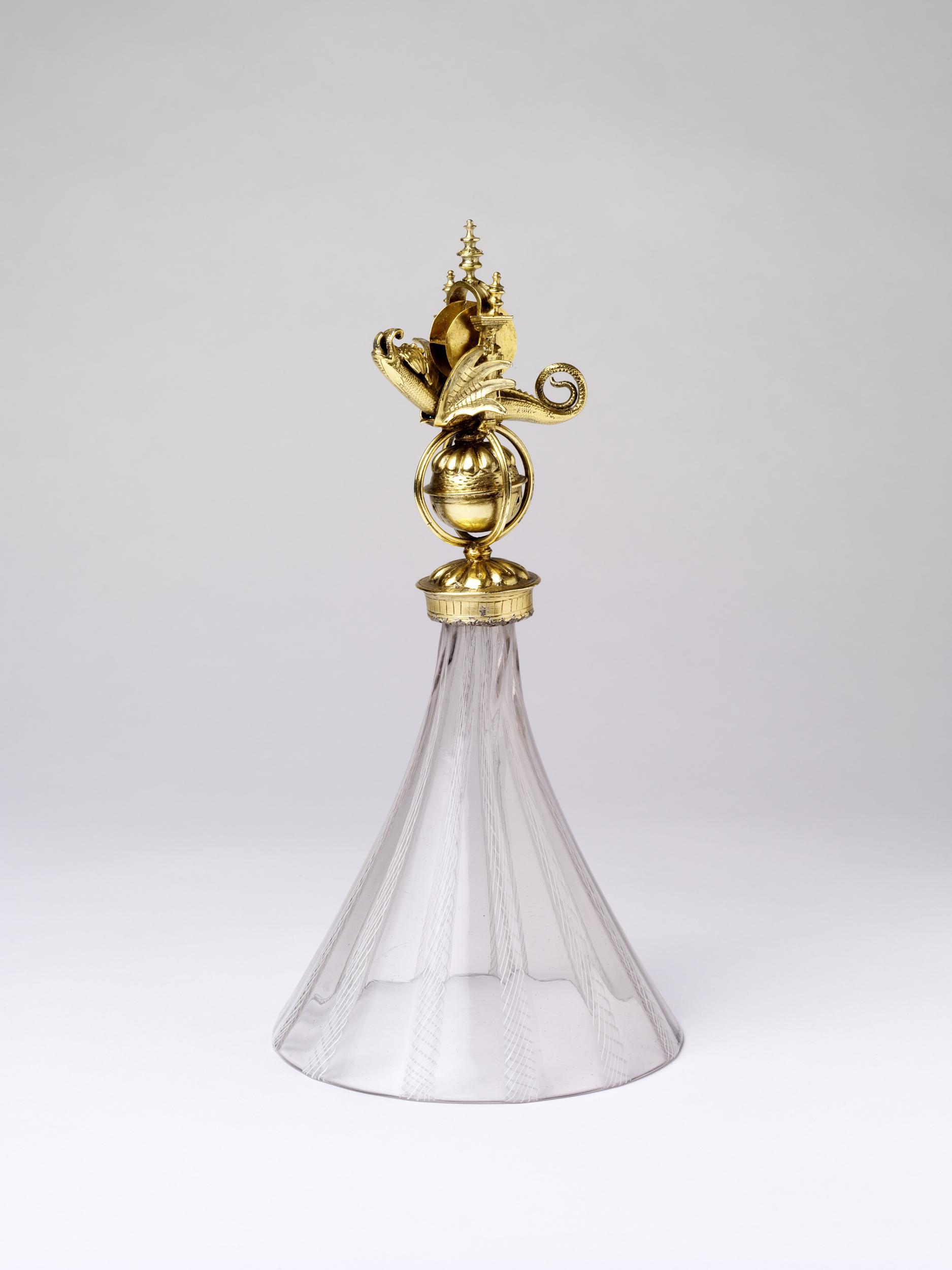 Goblet, blown filigree glass, with gilt metal mount, probably southern Germany, 1550-1625