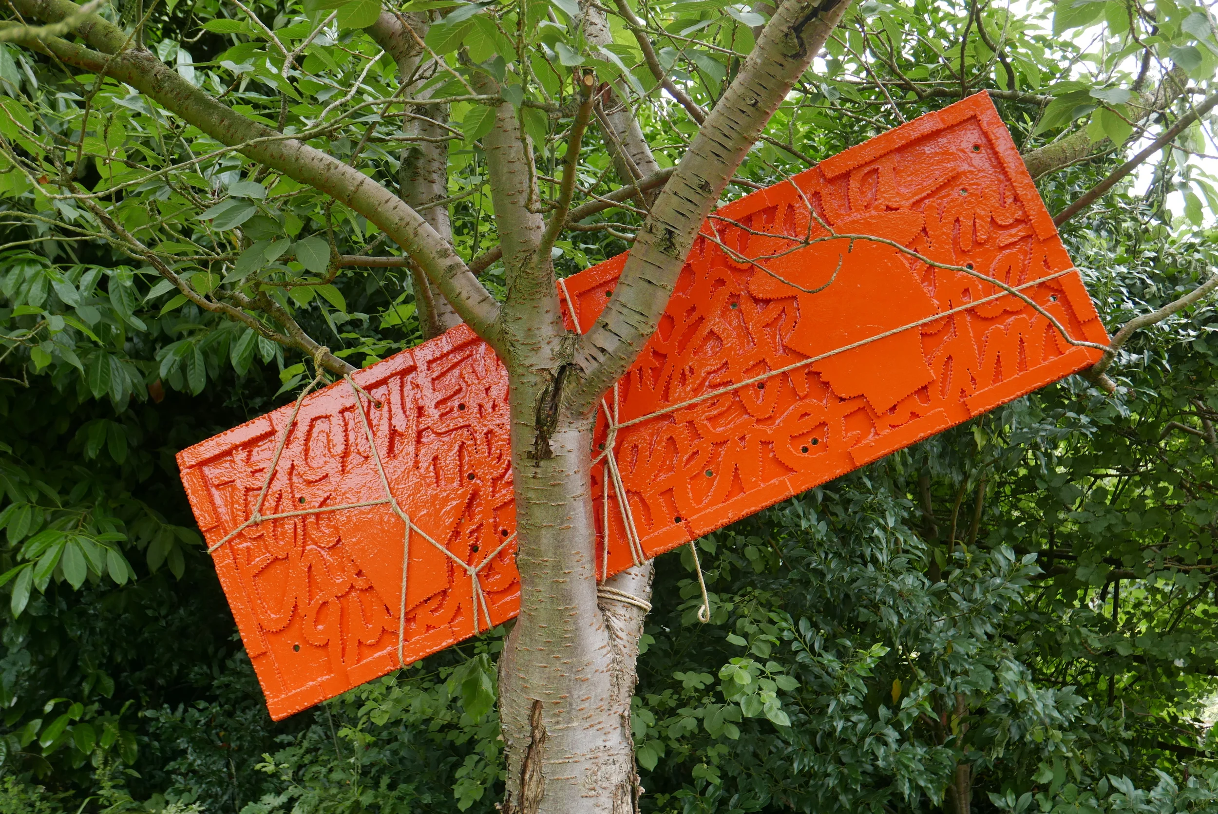 Fabian Peake. 'and falls the devil'. Part of a mixed exhibition in the garden of John Milton's cottage, Chalfont St. Giles. July 2016.