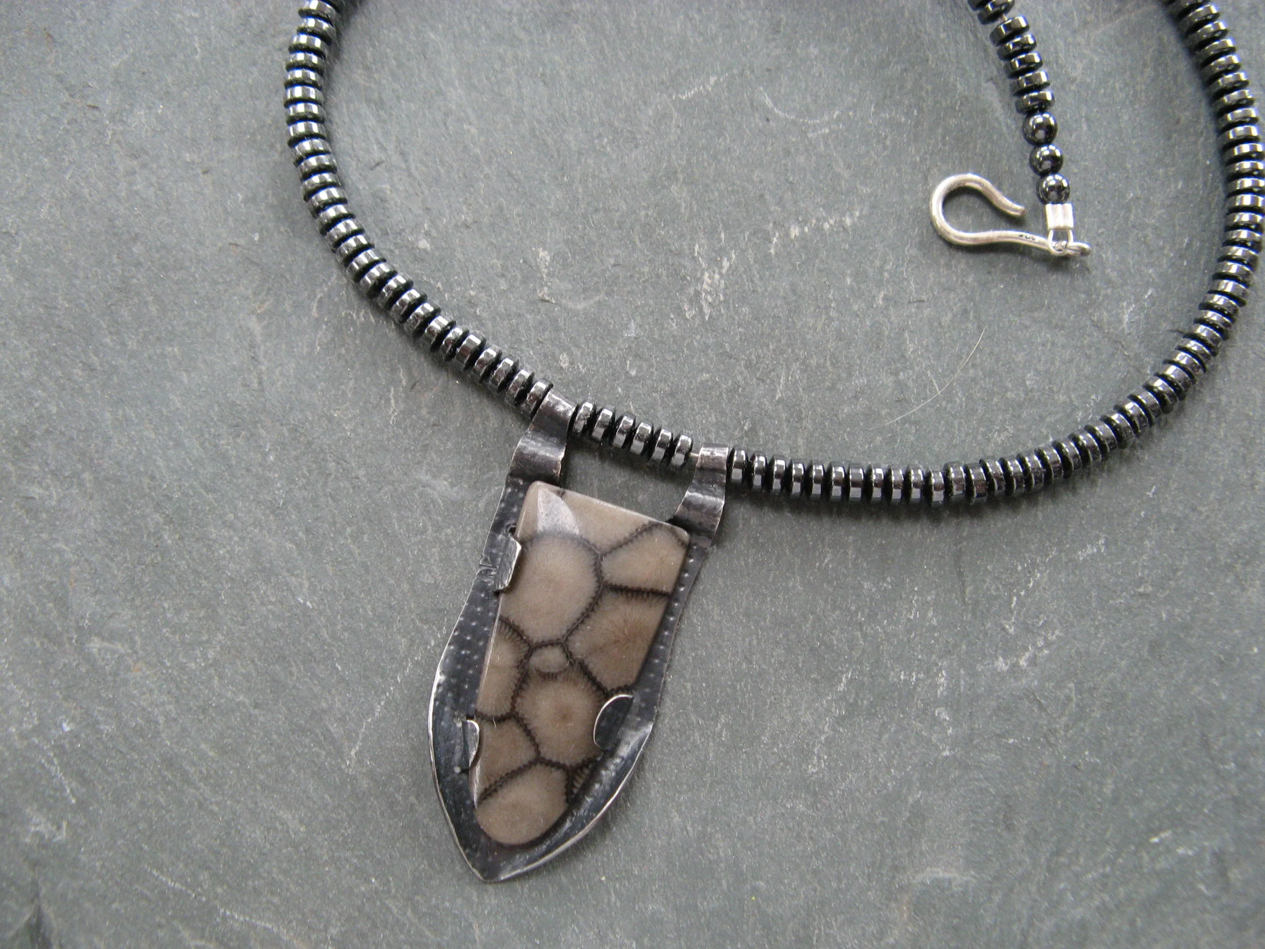  Coral fossil, fine silver, hematite. 