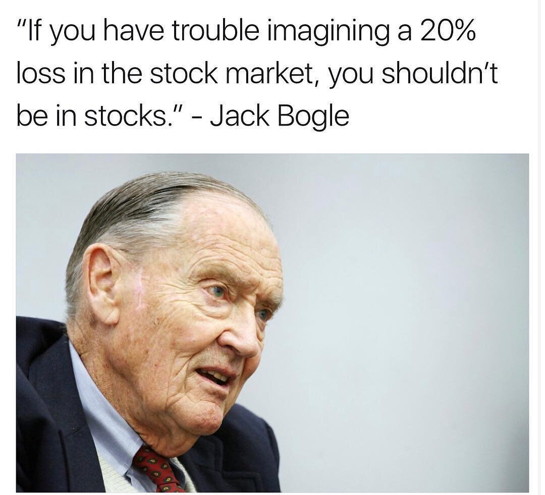 If you can't stomach a possible loss of 20% or more, stocks may not be for you. However, you can avoid a loss like this by educating yourself and implementing proper risk management. #riskreward #jackbogle #legend
.
.
Credit to @investorsthink