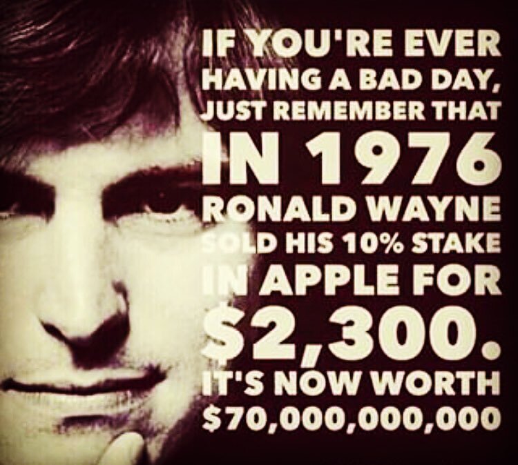 Apple has hit a new all-time high and its only suitable to remind everyone what horrible financial decision Ronald Wayne made in 1976. Can you imagine?! That's $70 BILLION+ dollars traded for $2,300 🙈. I made a mistake not holding HTZ longer this we