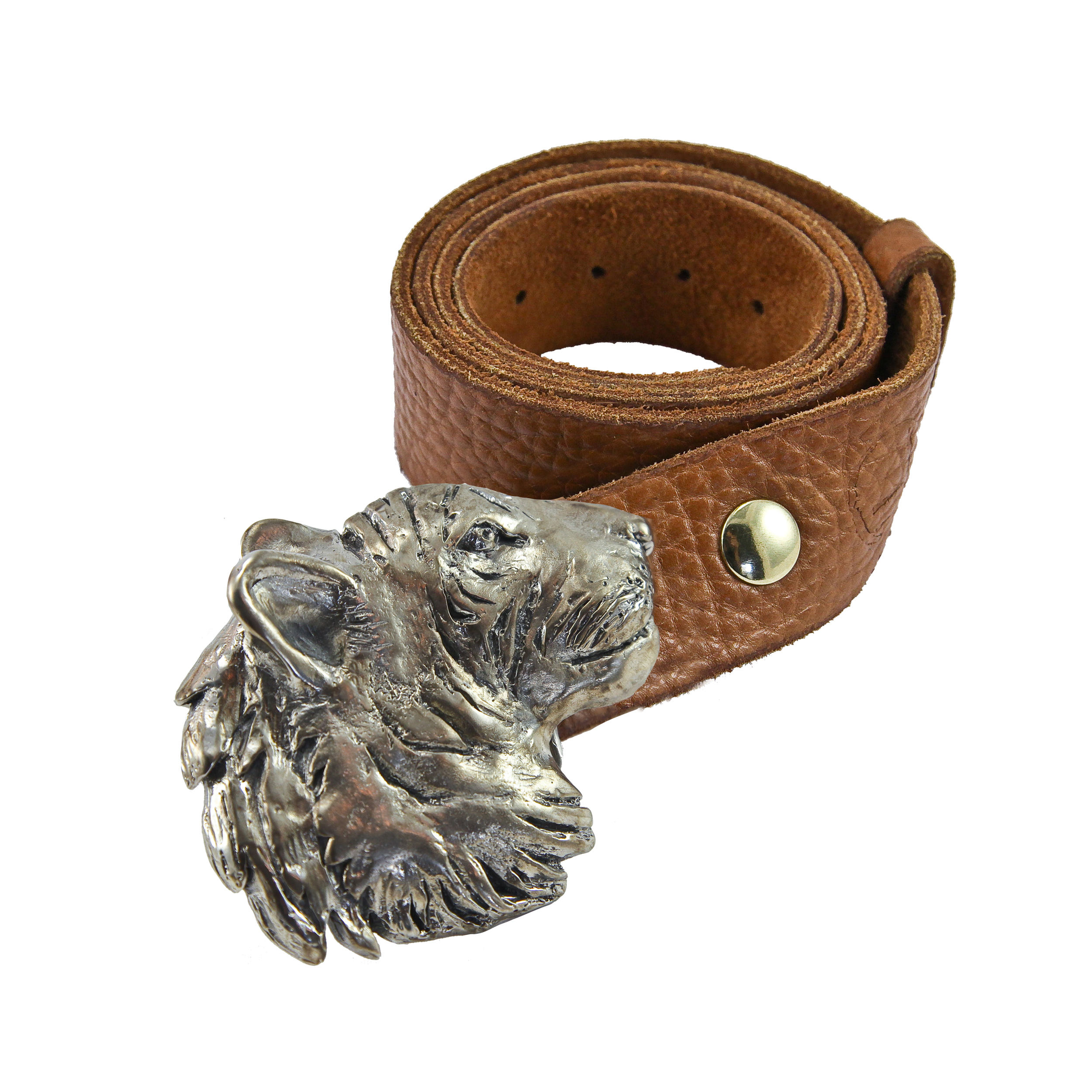 leather belt with tiger head buckle