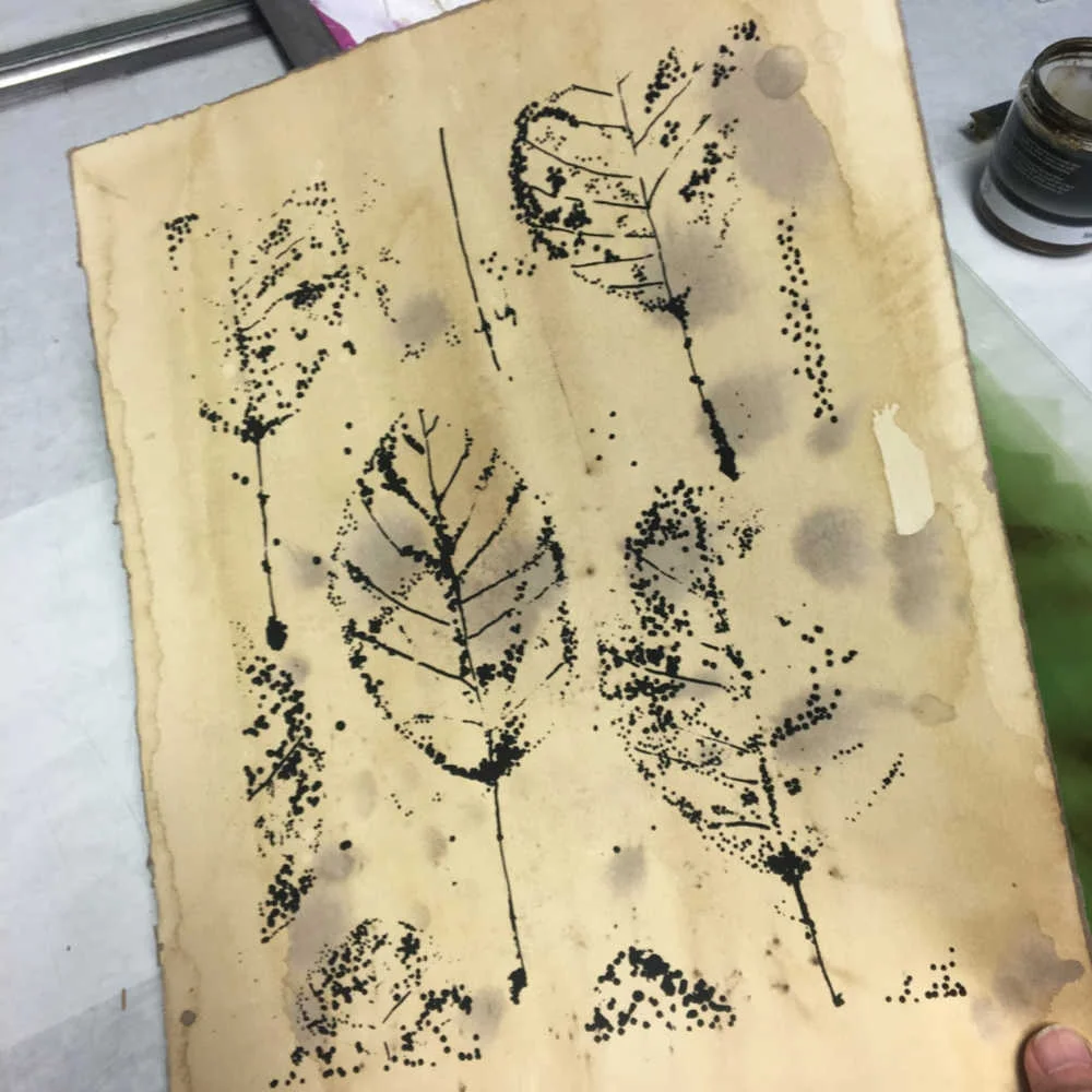 Screen-print leaves on stained paper