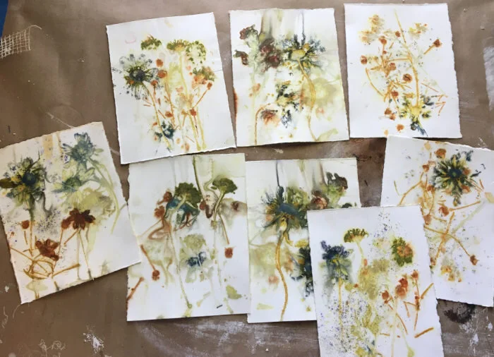 Papers printed using flowers and leaves