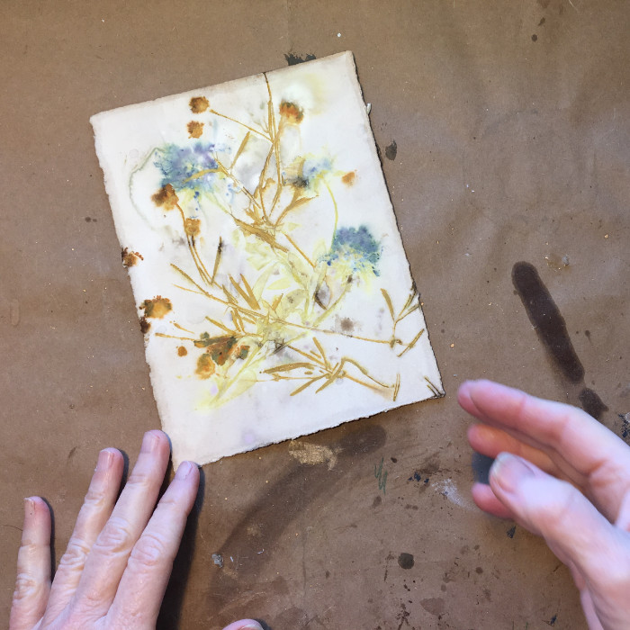 Ecoprint before mounting on cradled board artist Carol Ann Webster