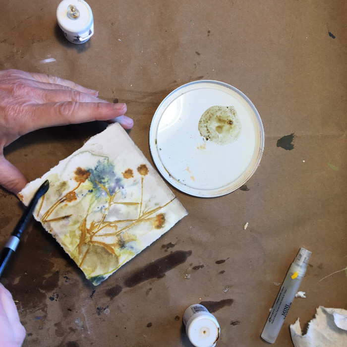 I’m adding watercolor to my ecoprint using watercolor artist Carol Ann Webster