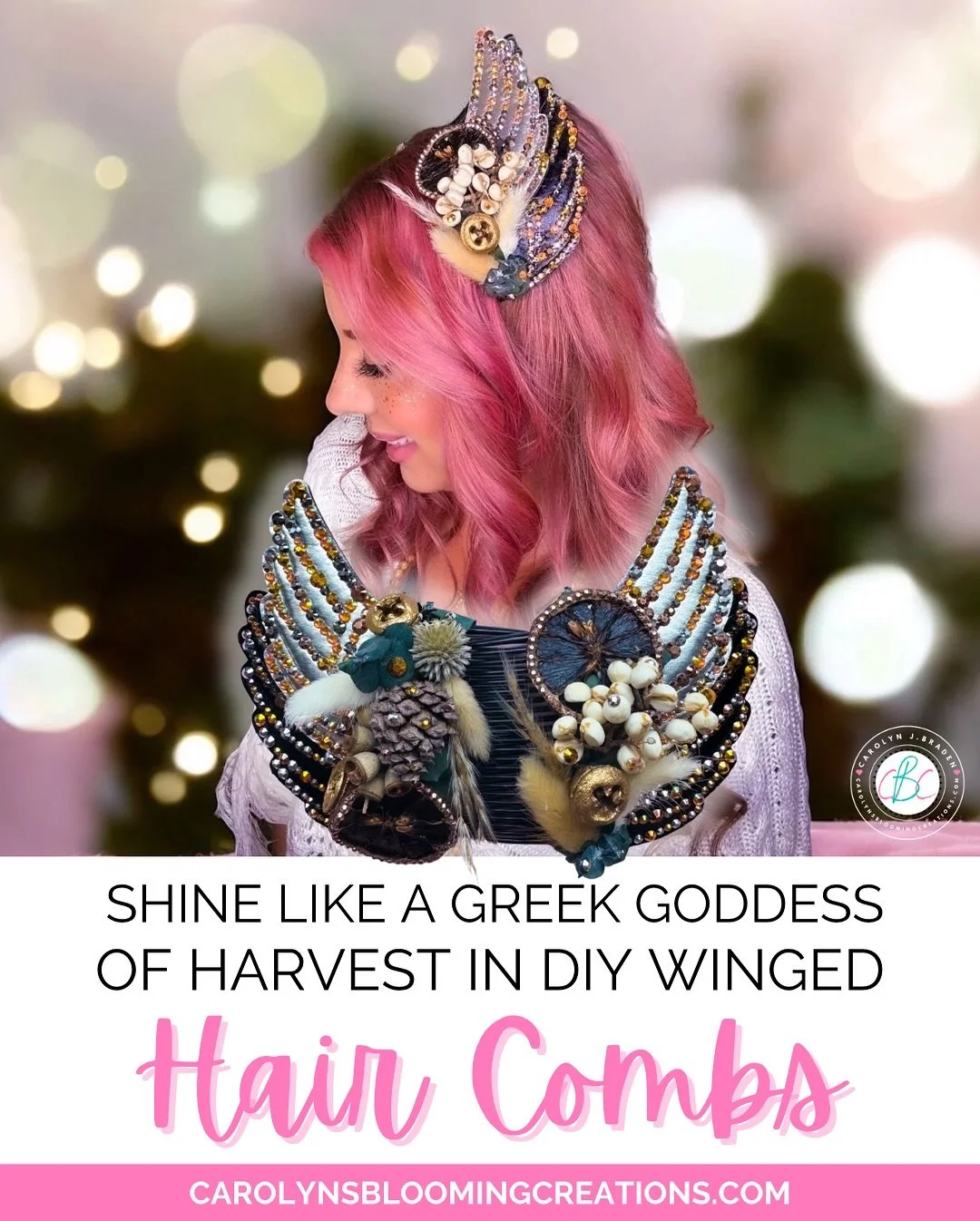 POV: You just stepped out of Mount Olympus as Demeter, the goddess of harvest 🌾👑 

I crafted these DIY Wing &amp; Bling Hair Combs to capture her divine glow after finding a random pinecone in my yard&mdash; think shimmer, gold, and celestial vibes