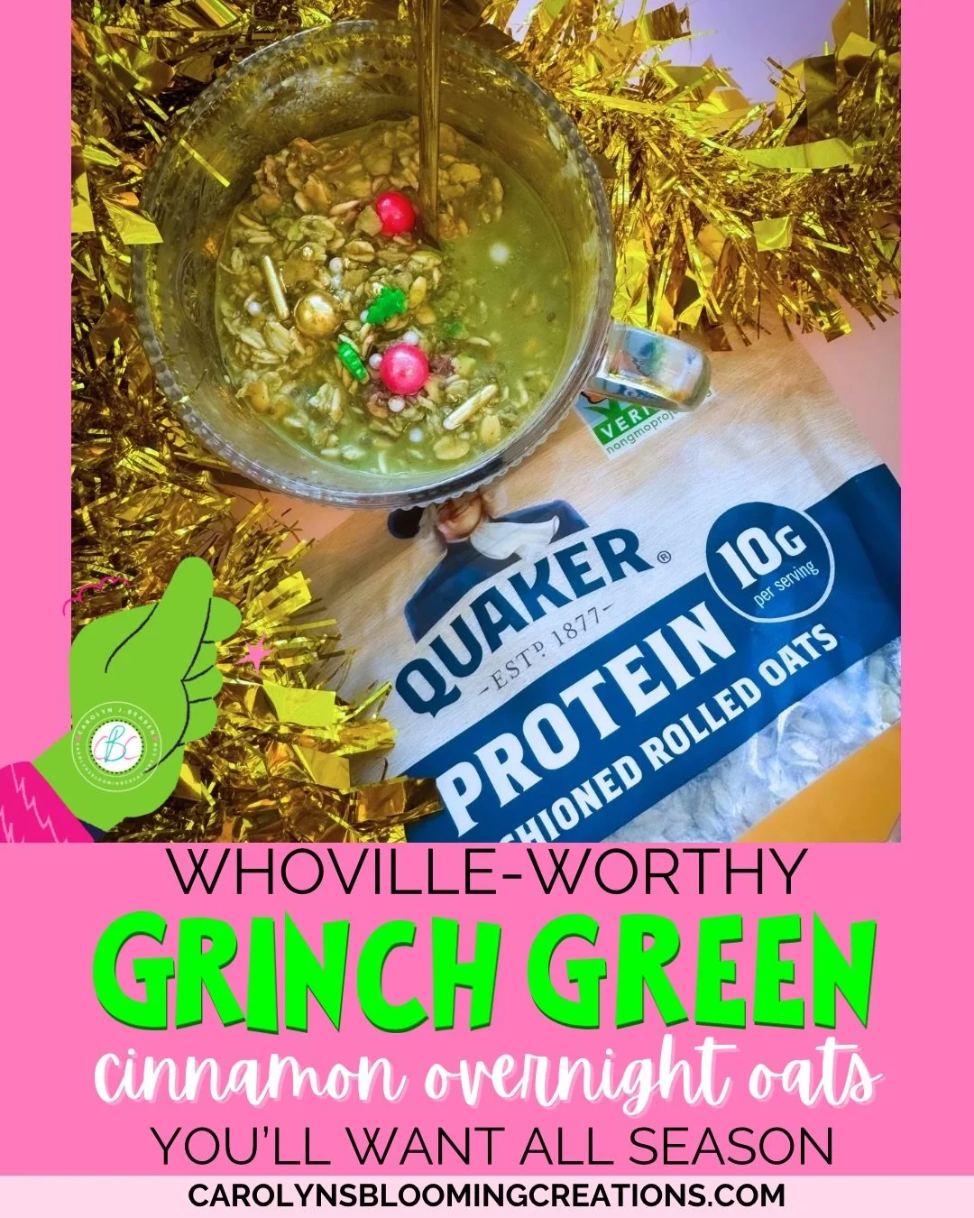 If the Grinch made breakfast, it would 100% be this 💚🎄I received @quaker Protein Oats #complimentary via @influenster to test, and of course I had to make something fun with them!
 These Grinch Green Cinnamon Overnight Oats are festive, cozy, and p