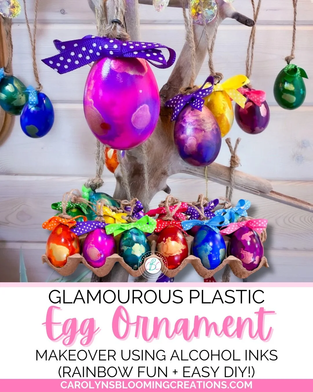 These $3 plastic eggs turned into the most beautiful little rainbow eggs 🌈✨ I used alcohol inks to &ldquo;paint&rdquo; them with my hands (so fun!!), added screw eyes to hang, sealed them for that glossy finish, and finished with bows + jute string 