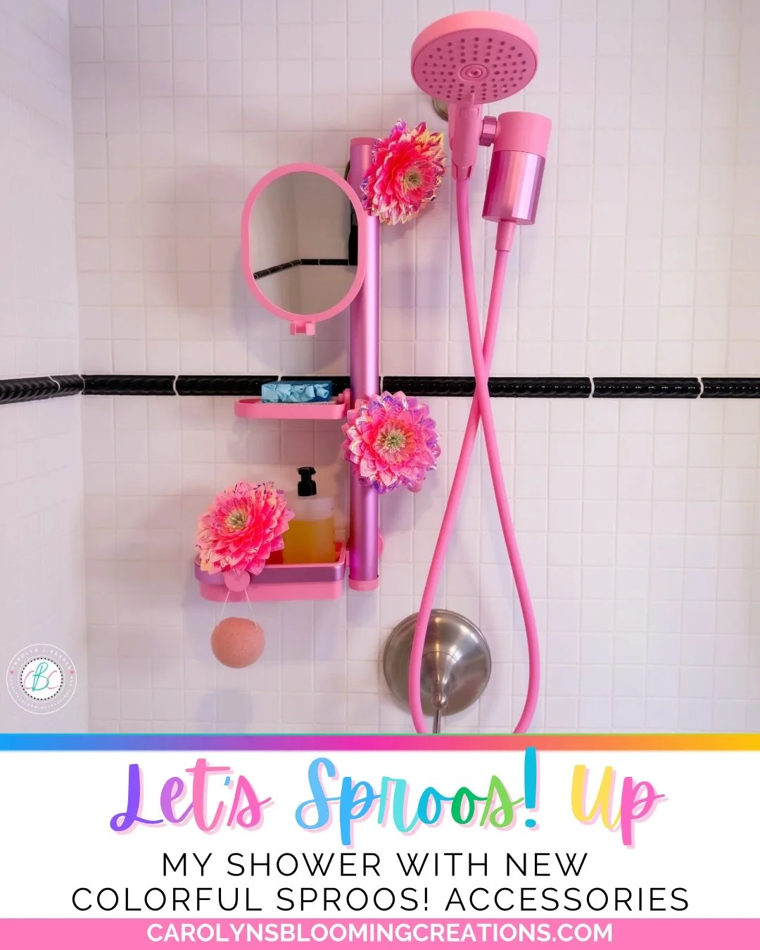 My shower officially became my favorite spot in the house 💕 The matching SPROOS! slider bar, fogless mirror, soap dish and shelf took my pink shower head + filter to the next level and added the perfect pop of color to my black and white bathroom. B