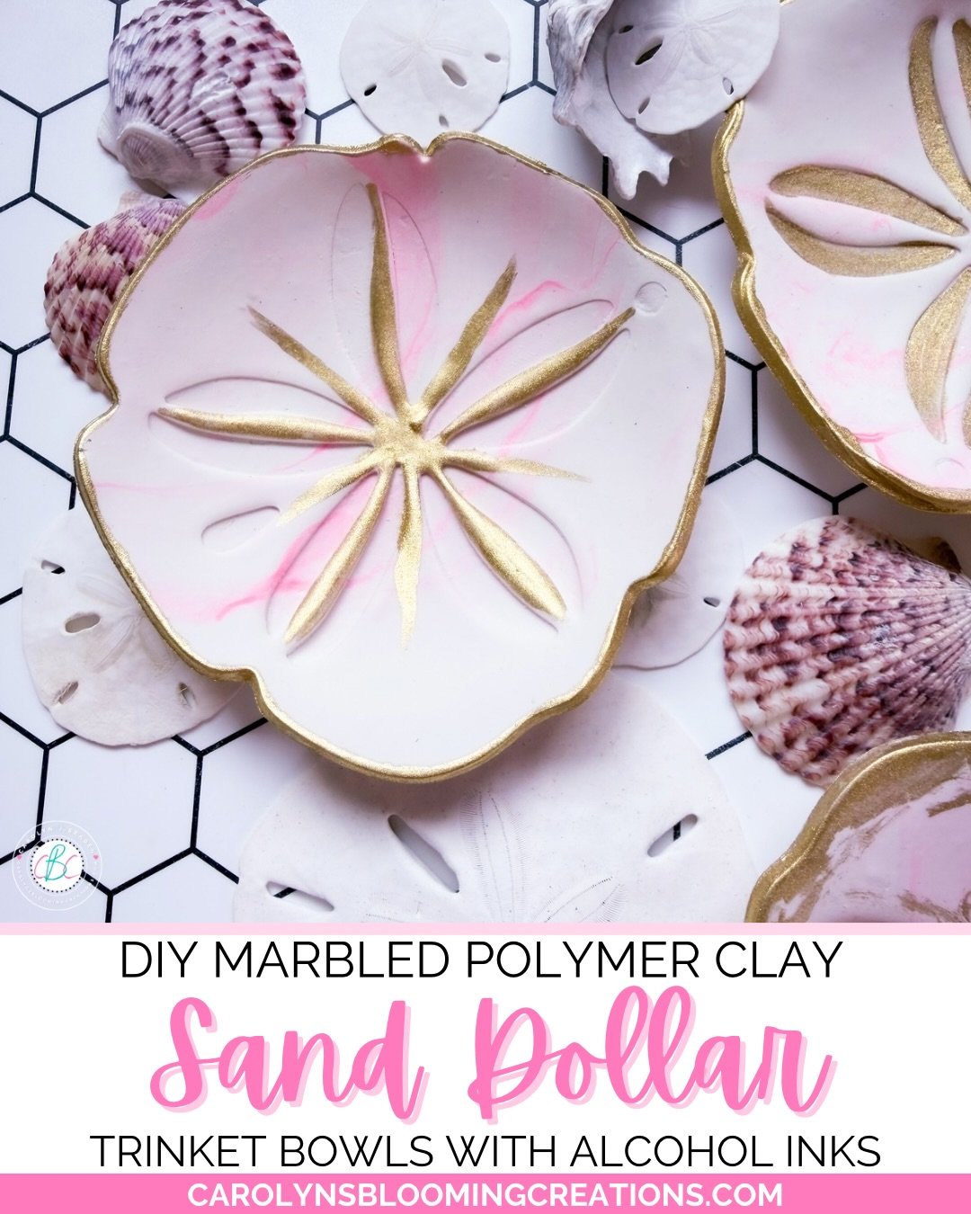 Bringing coastal vibes indoors one sand dollar at a time! 🌊✨ These marbled polymer clay trinket bowls are the perfect summer craft and make adorable ring dishes, gift ideas, and beach house d&eacute;cor. The gold ink accent added such a pretty touch