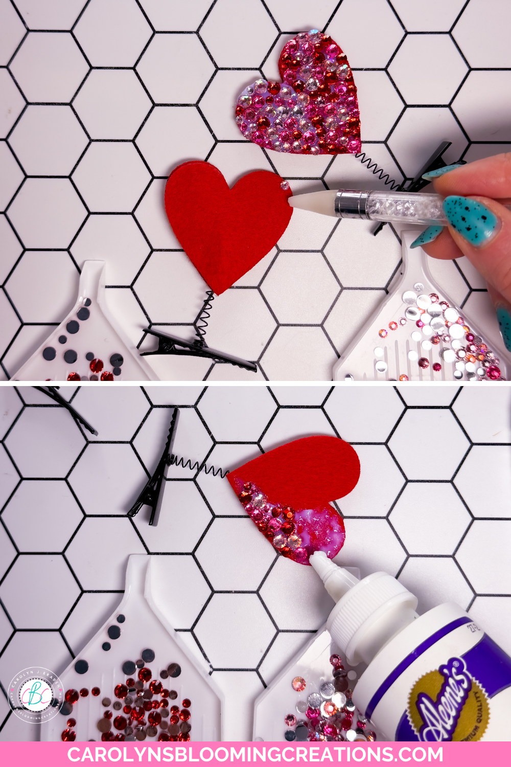 Rhinestone heart boppers by Carolyn Braden