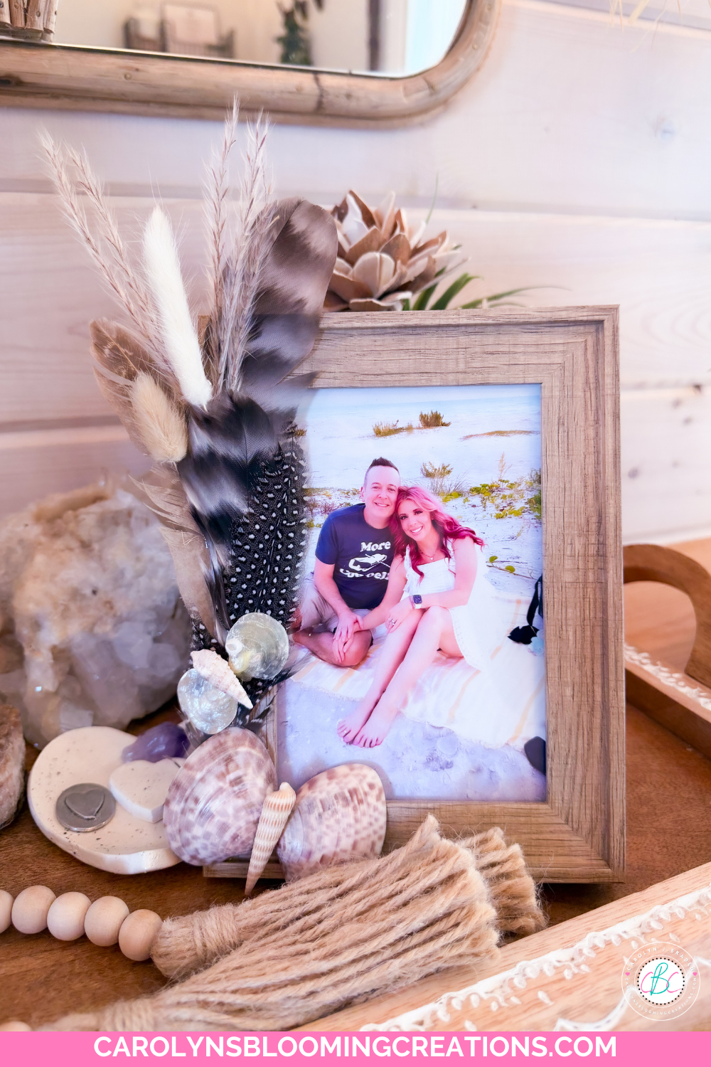 Easy DIY Boho Picture Frame Makeover Using Seashells and Feathers