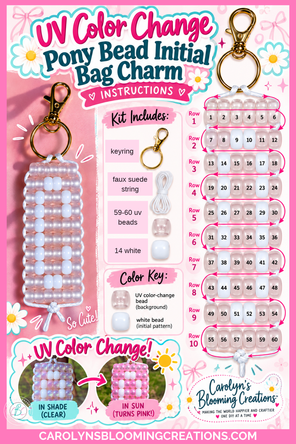 Pony bead initial bag charm worksheet showing numbered bead rows and stringing directions for making a letter C.