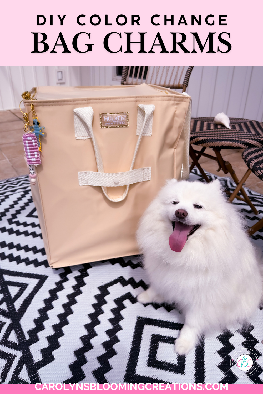 DIY bag charms on Hulken bag next to Johnny Cash the Mini American Eskimo Dog