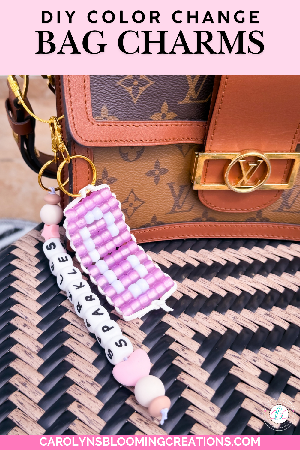 Handmade pony bead initial and SPARKLE letter bag charms attached to a designer handbag with gold cable wire.