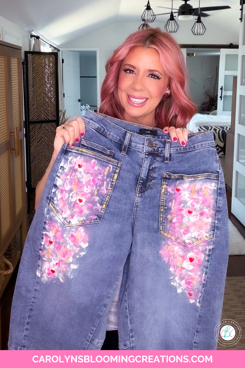 Pink Blooming Hearts Painted Jeans