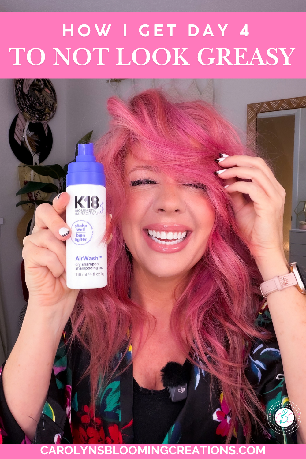 Applying K18 AirWash dry shampoo to roots to refresh day 4 wavy hair