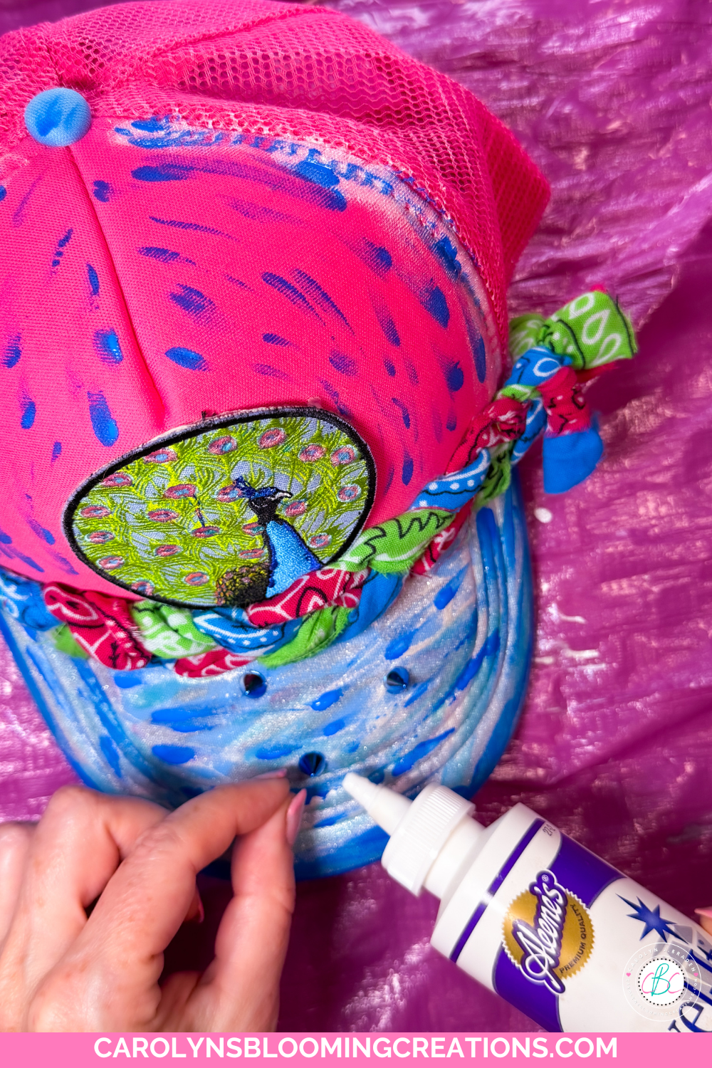 Carolyn Braden's Custom Peacock Patch Hat DIY With Metallic Paint Details