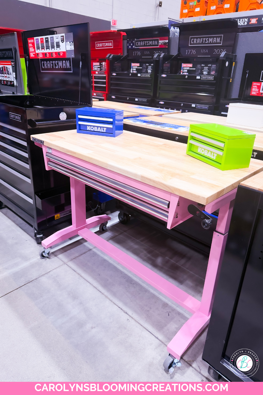 Our Favorite Lowe's Organization Finds Include This Pink Kobalt Adjustable Rolling Desk