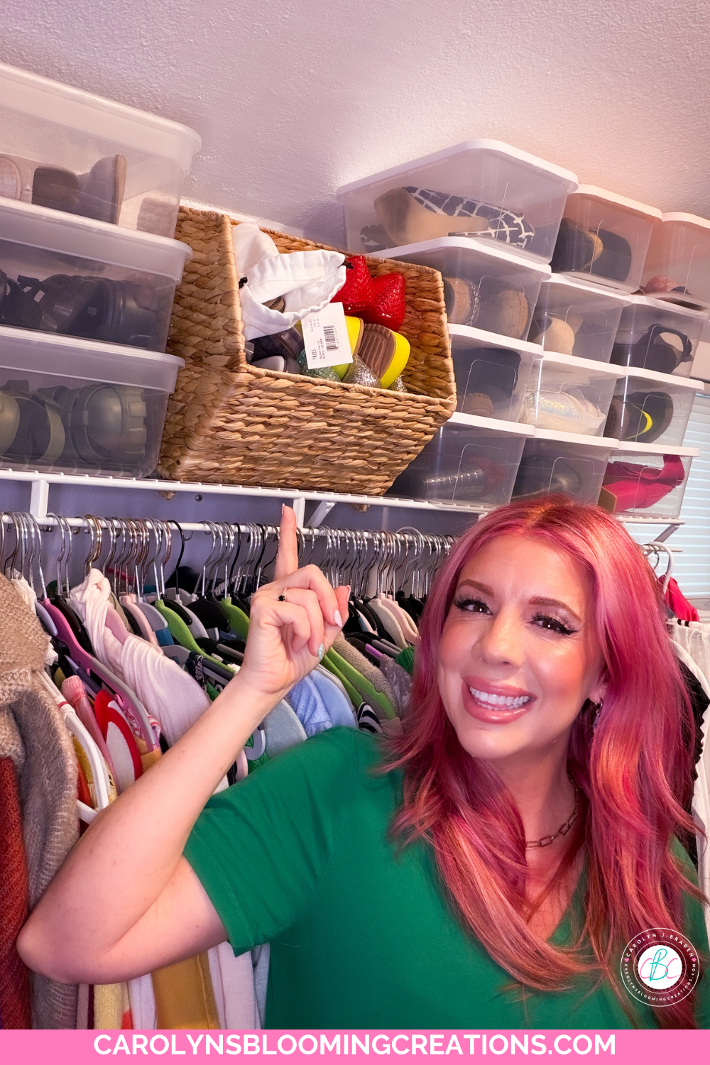 Carolyn Braden's Pretty & Practical Closet Organization With Water Hyacinth Baskets