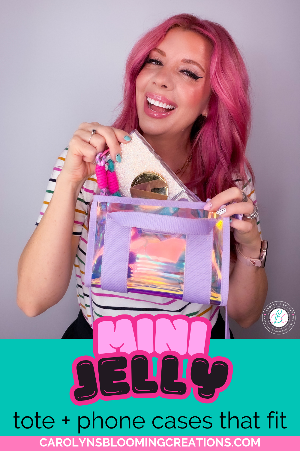 CASE-MATE Stadium Tote mini jelly bag shown with multiple phone cases that fit inside, including a chunky puffy phone case, Flaunt case, Bandolier case without strap, and slim phone case.