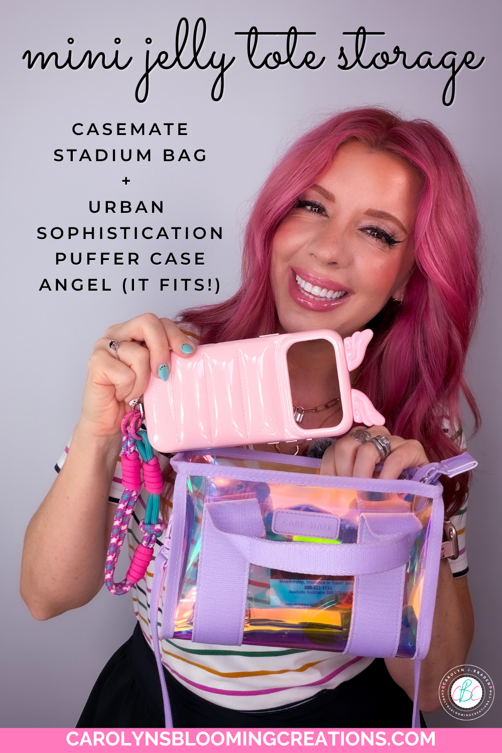 Four different phone cases—a Flaunt case, Urban Sophistication puffy case, Bandolier case without its strap, and a slim basic phone case—shown fitting inside a clear CASE-MATE Stadium Tote jelly bag.