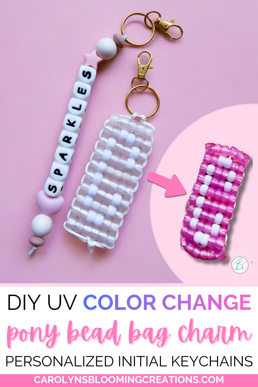 DIY UV Color-Changing Pony Bead Bag Charms and Personalized Initial Keychains