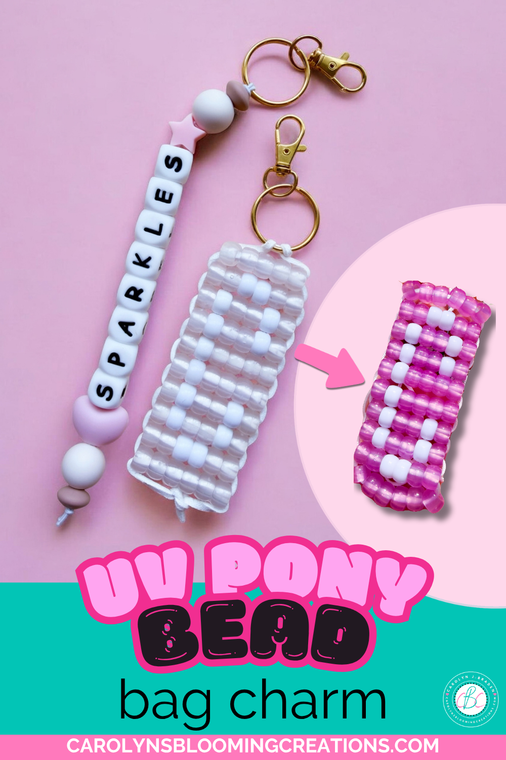 White pony beads arranged in a letter C pattern against clear UV color-changing pony beads in a handmade rectangular bag charm.