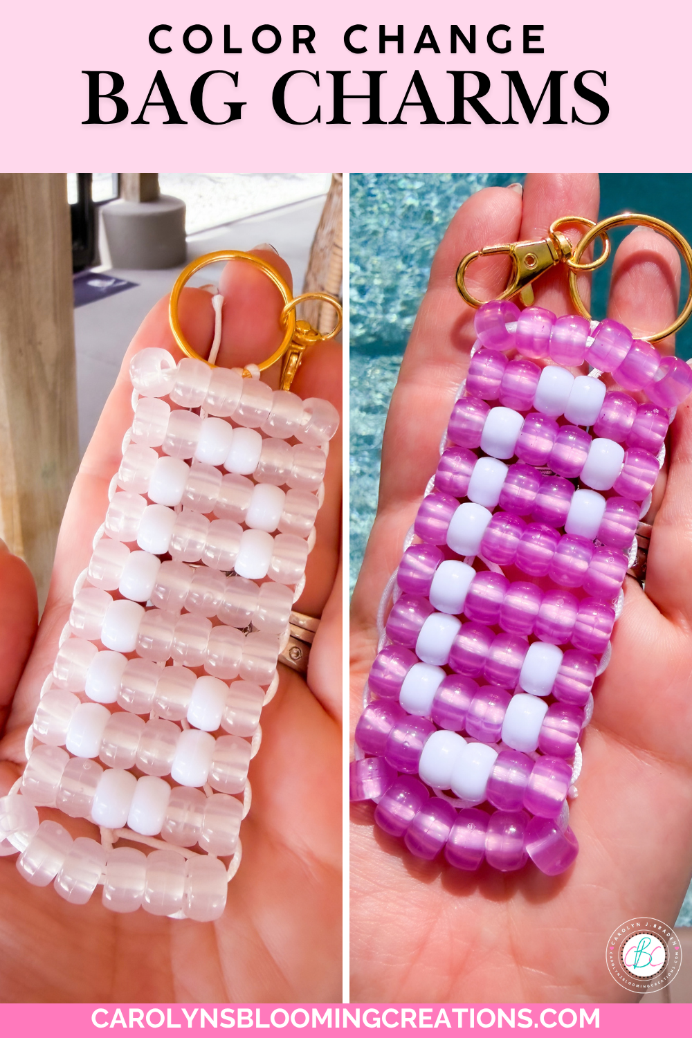 Color change and White pony beads arranged in a letter C pattern against clear UV color-changing pony beads in a handmade rectangular bag charm.