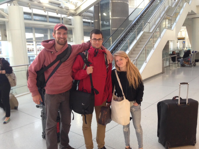 Filmmakers Jesse Galkowski and Matthew Brady along with LEF Program Director, Maya French, en route to Liberia to shoot "Ley' Go" in May 2015.