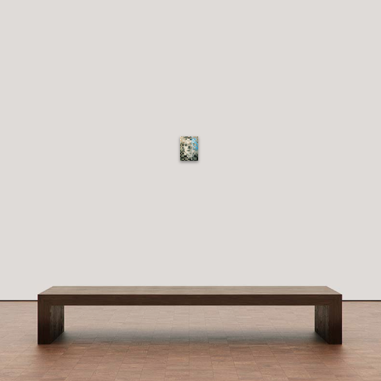 Installation shot of Samin Ahmadzadeh artwork with seating in foreground.