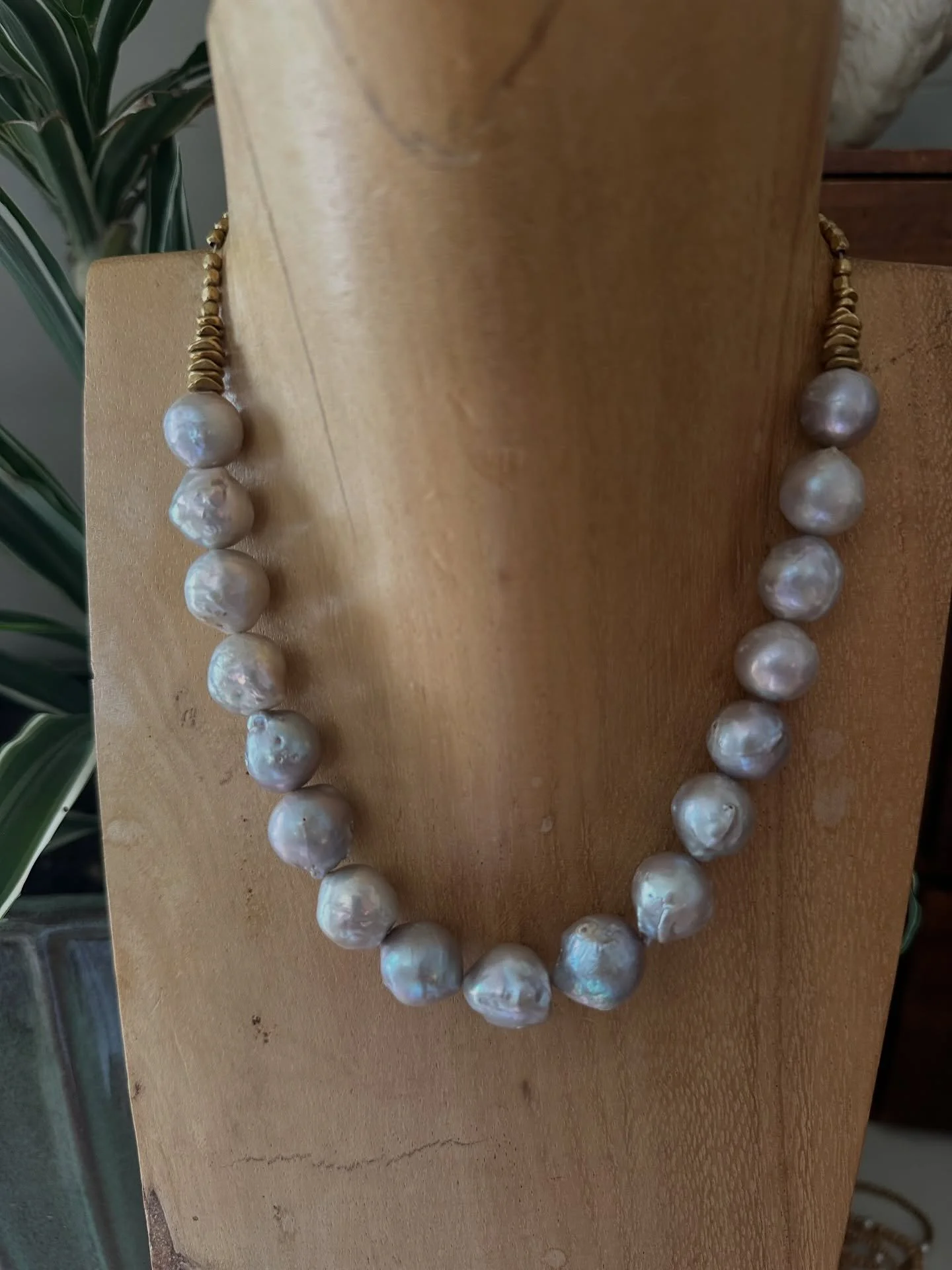 Go bold - large Baroque Silver pearls with brass bead accents. 
&bull;
&bull;
&bull;
#silverpearlnecklace #pearljewerly #brassjewelrydesigns #pearljewelry #handbeaded