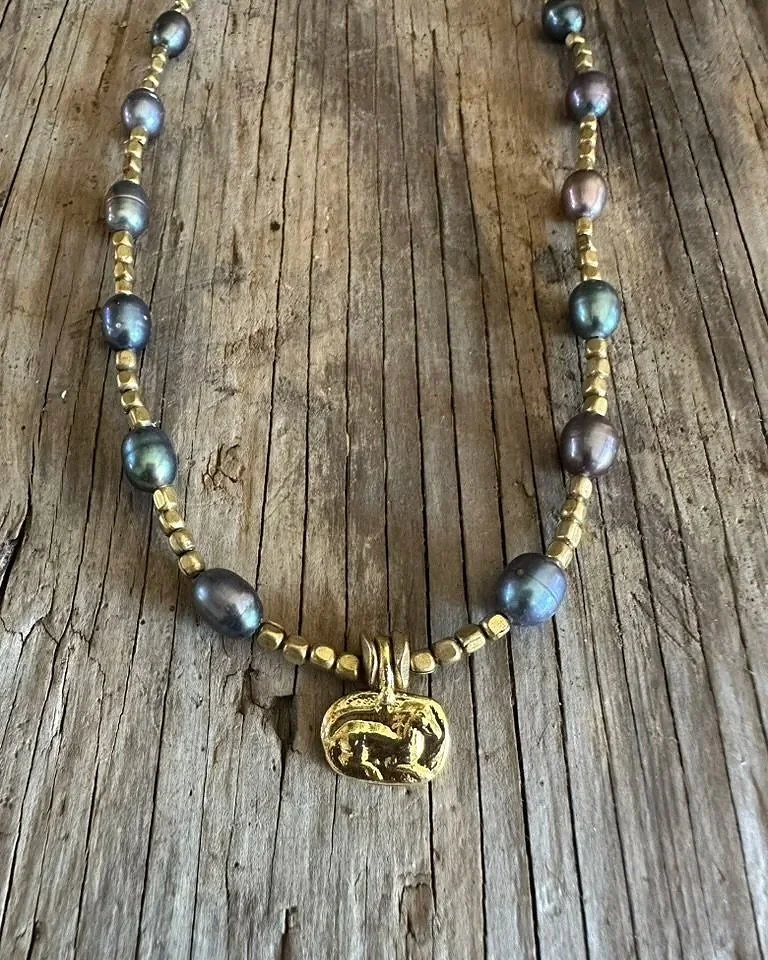 HORSE Brass Charm Black Pearl & Brass Necklace