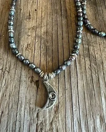 MOON Silver Black Pearl Long Necklace