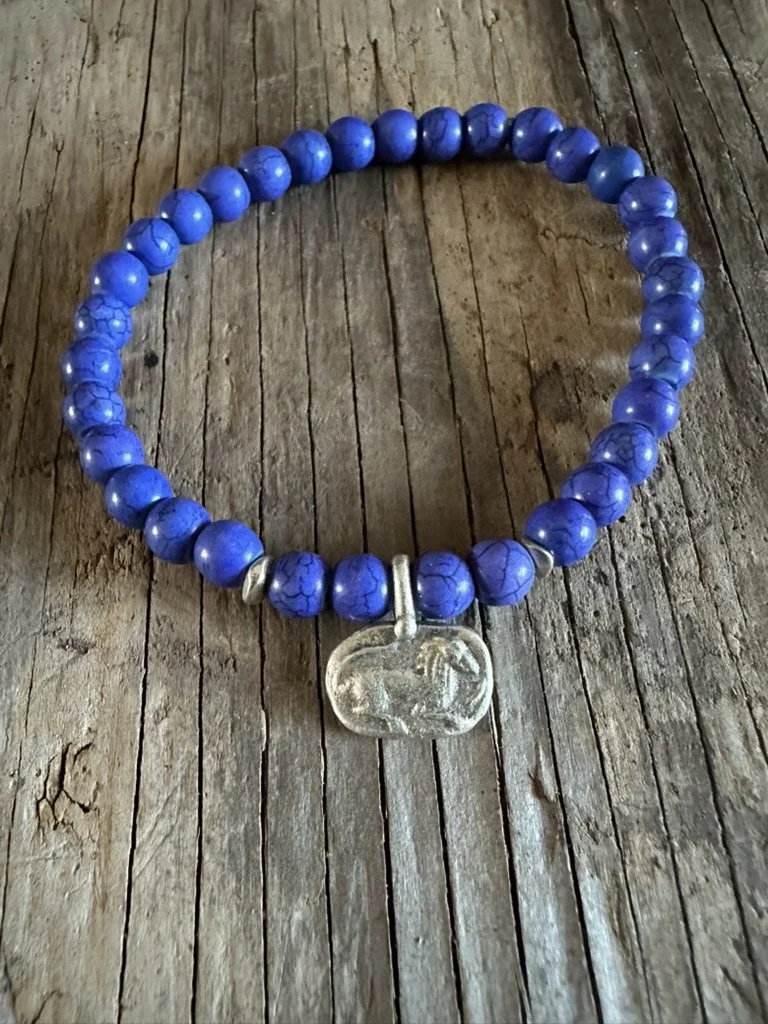 HORSE Silver Charm Blue Stretchy Bracelet