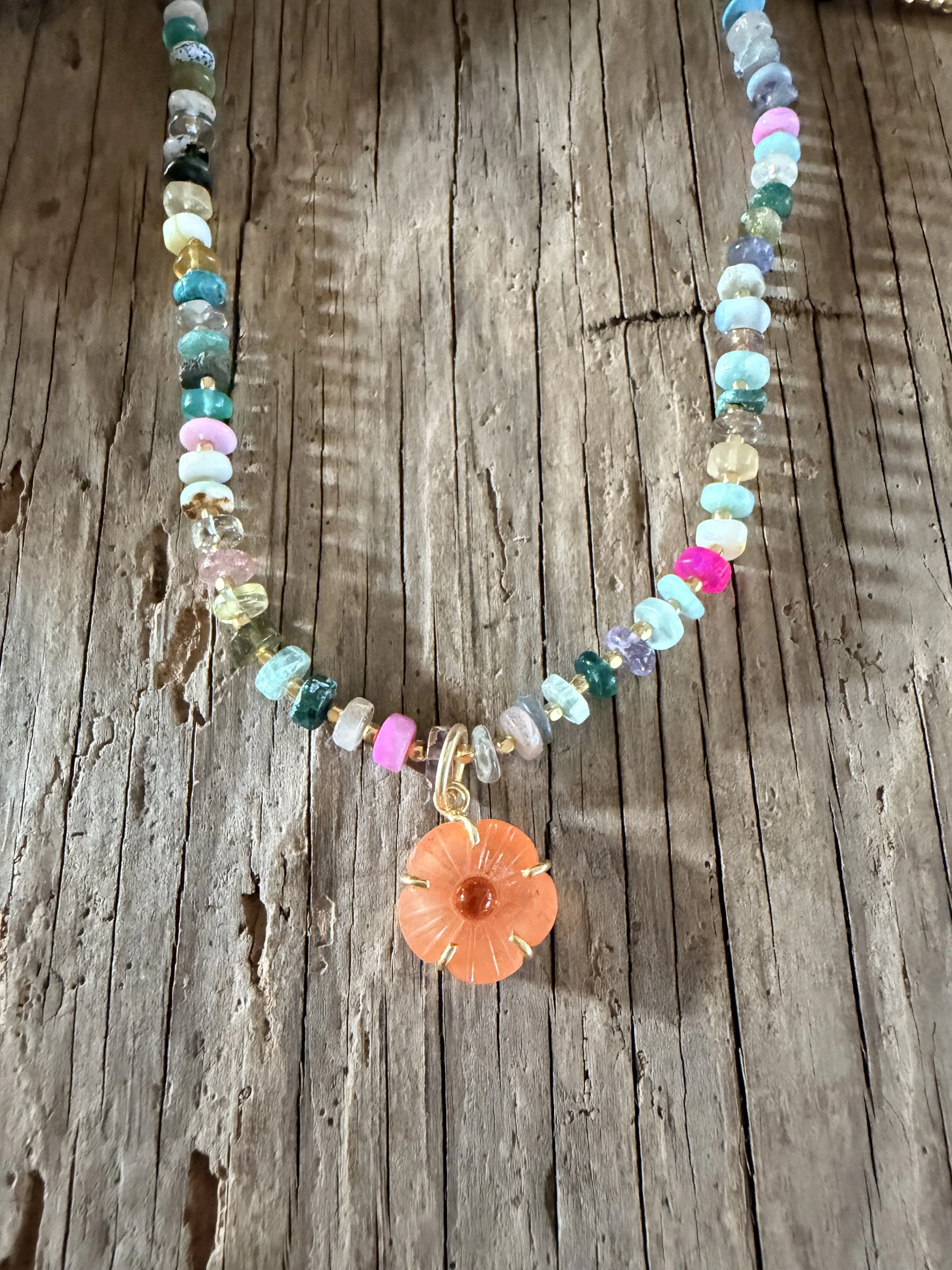 Carnelian Flower Pendant Multi Gemstone & Brass Necklace