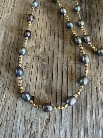 Black Pearl & Brass Strand Necklace