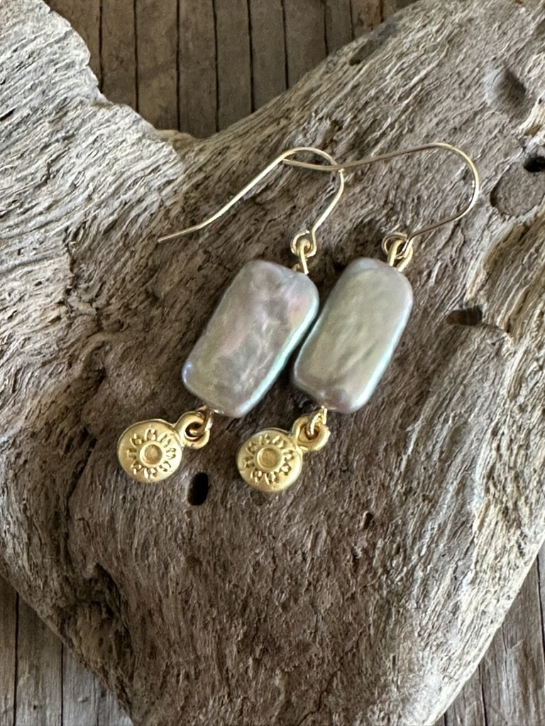 Rectangular Silver Pearl Charm Earrings