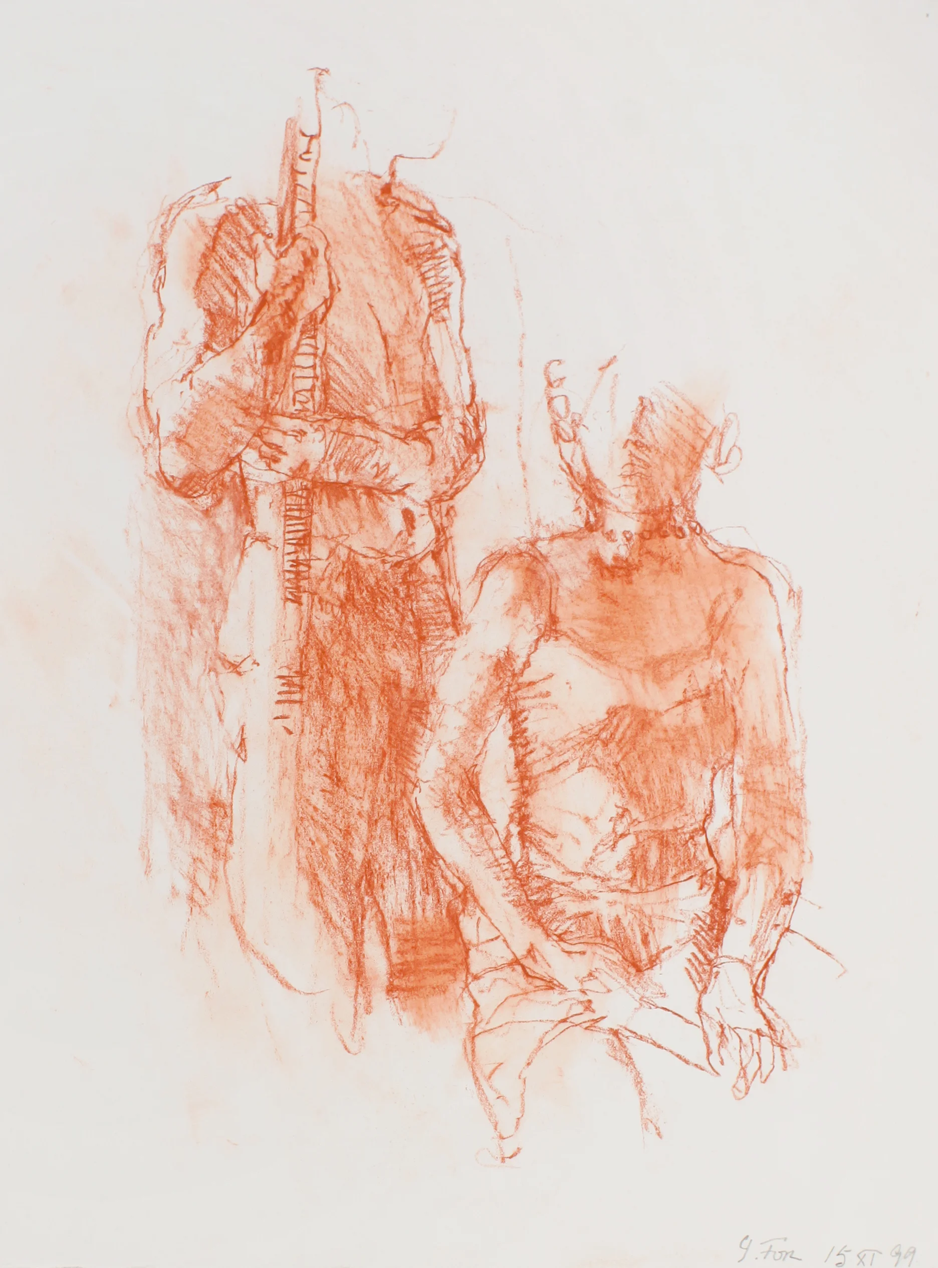 Standing Male and Seated Female Holding Object