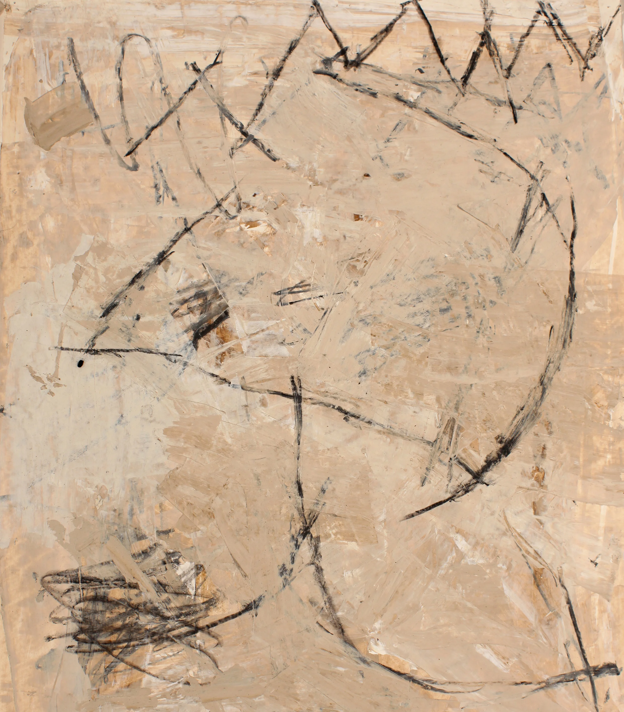 Untitled No.8309 1983 acrylic and charcoal on paper 26x22in WPNF05 This abstract work on paper shows John Fox’s lifelong interweaving of painting and drawing. Both his abstract and representational paintings began by drawing on the canvas. Here his almost airborne charcoal shapes slip and slide over colliding layers of paint. The different gestures and sensations of paint and charcoal give his tonal colour its perfect pitch.