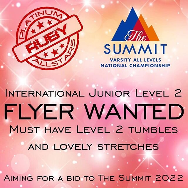 ✨All our teams are currently accepting new athletes for the 2020-2021 season✨

In particular, we are looking for a hardworking young athlete to join our International Junior Level 2 team as a flyer.
You must be aged 10-16 with Level 2 tumbles and goo