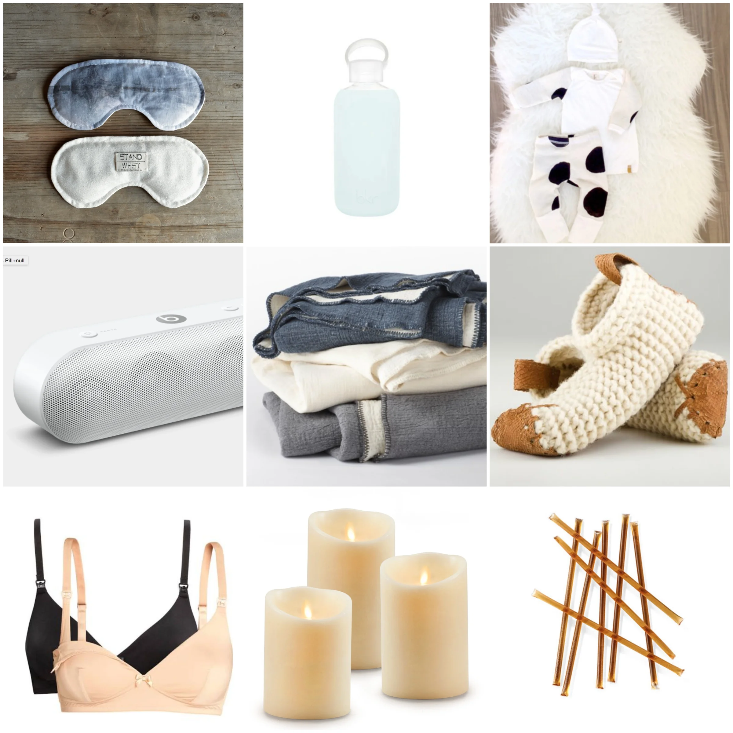 Stand West eyemask, bkr water bottle, Londin Lux newborn outfit, Beats by Dre speakers, Coyuchi organic baby blanket, Chilote slippers, Cake Maternity nursing bra, Luminara battery candles, Teavana honey sticks
