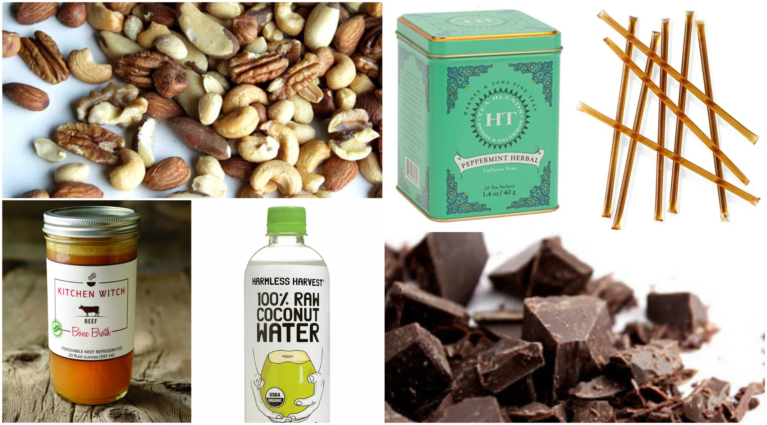Keep these snacks on hand or in your birth bag. Most can be found at a local natural foods grocery store: raw nuts, peppermint tea , honey sticks, grass-fed beef bone broth, coconut water, and 80% dark chocolate 