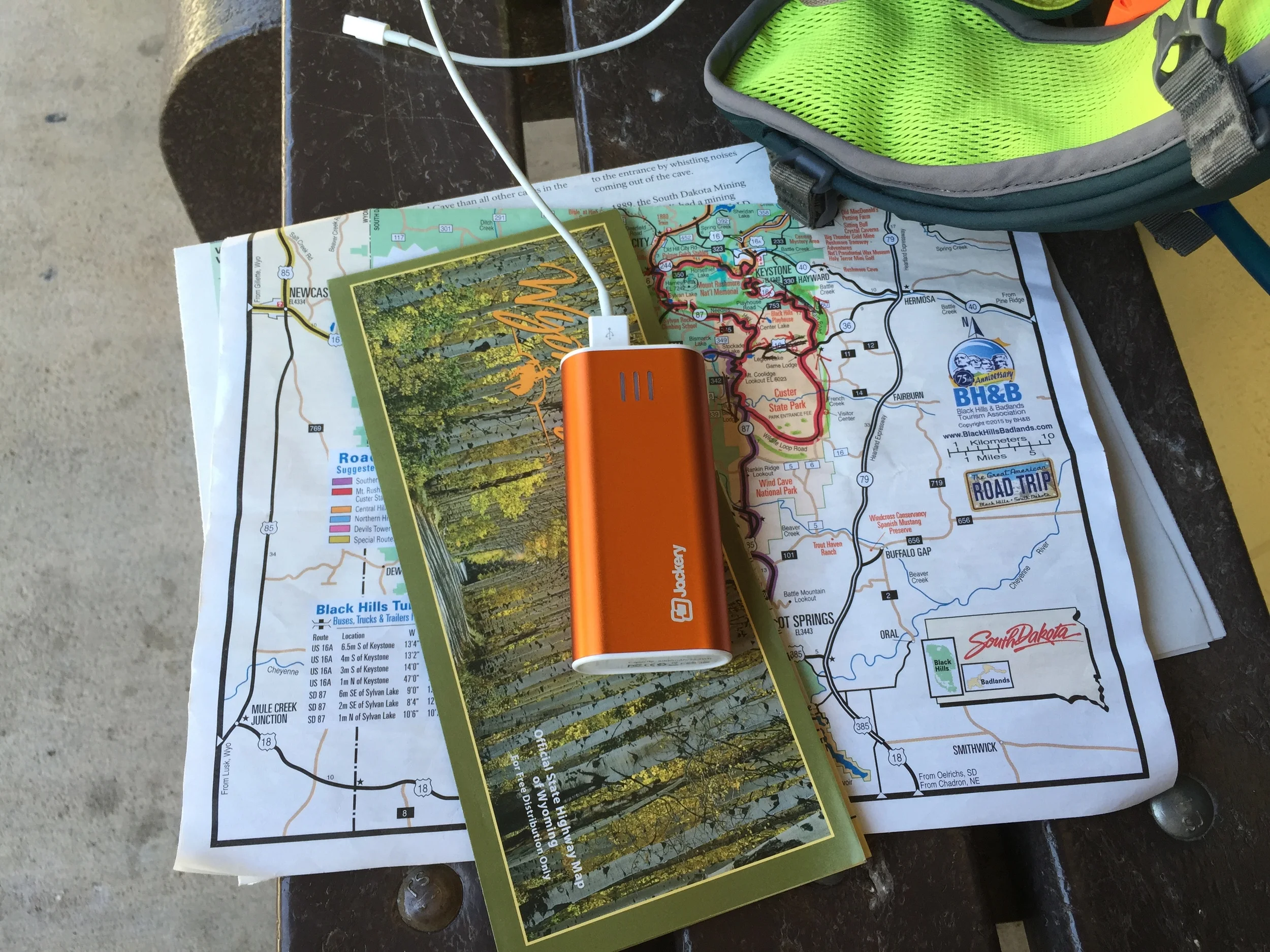 The Jackery iPhone battery pack, good for 2-3 charges, and a bunch of maps, good for the many places where I've had no cell service.