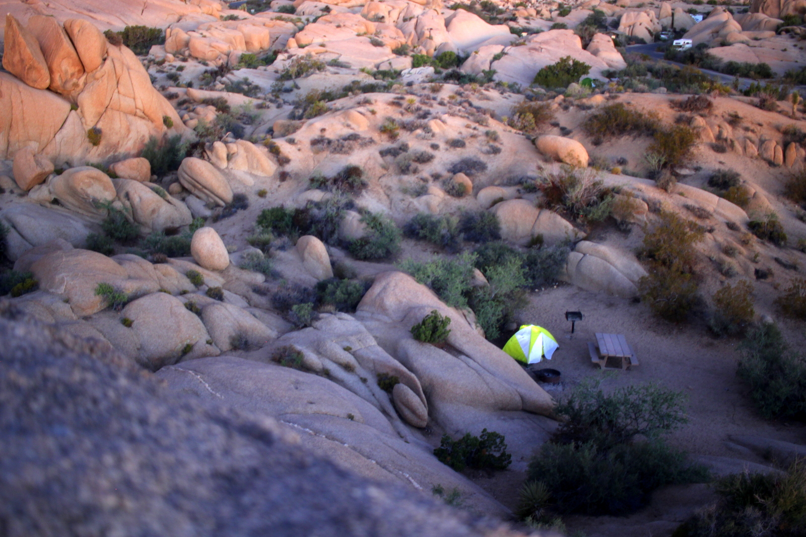 A view of my tent from the top of the pile of rocks. (This photo was actually taken the following morning, at sunrise.)