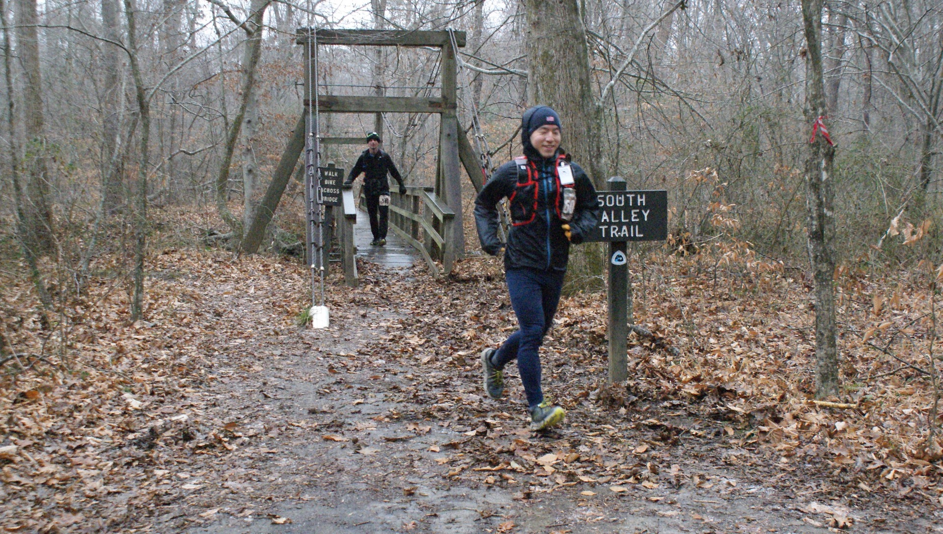 Seeking solace on patches of fallen leaves--the least slippery portions of the trail.