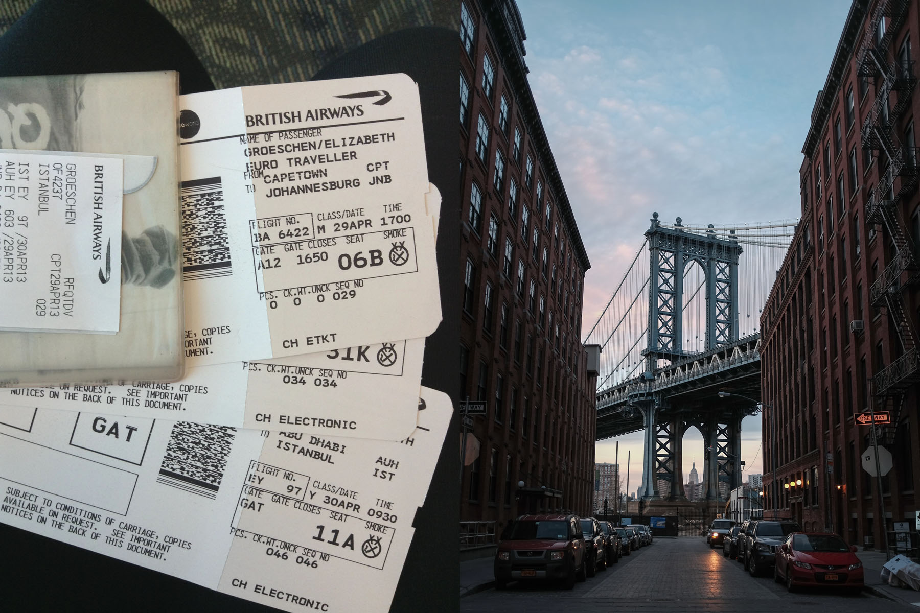 April 30: Two Years Ago, we flew from Capetown to Joburg to Abu Dhabi to Istanbul. Our backpacks didn'tmake it. Today, I couldn't resist this shot en route to an art opening in Dumbo, Brooklyn. 